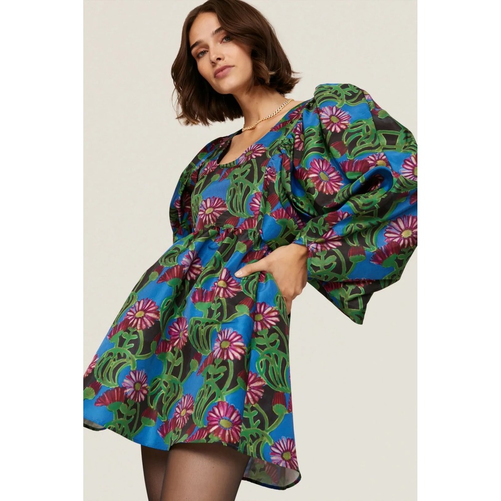 La DoubleJ Dolly Floral Puff-Sleeve Mini Dress Blue Size Large